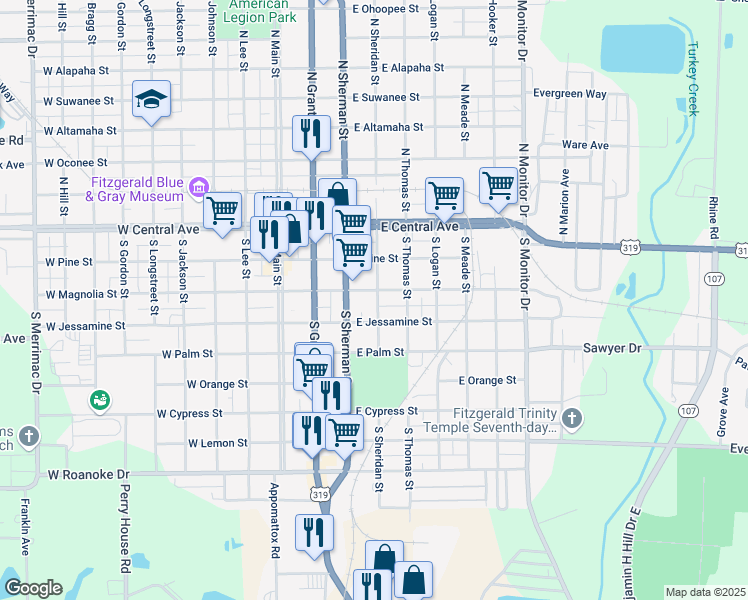 map of restaurants, bars, coffee shops, grocery stores, and more near 402 East Jessamine Street in Fitzgerald