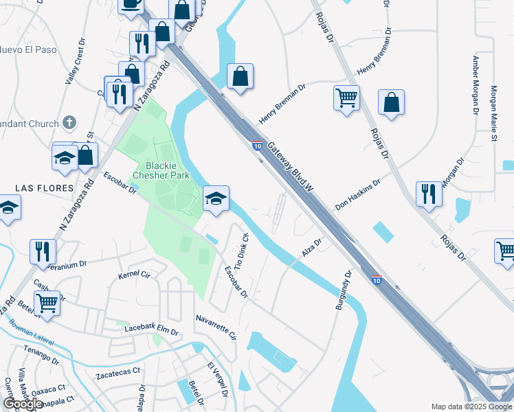 map of restaurants, bars, coffee shops, grocery stores, and more near 9244 Gateway Boulevard East in El Paso