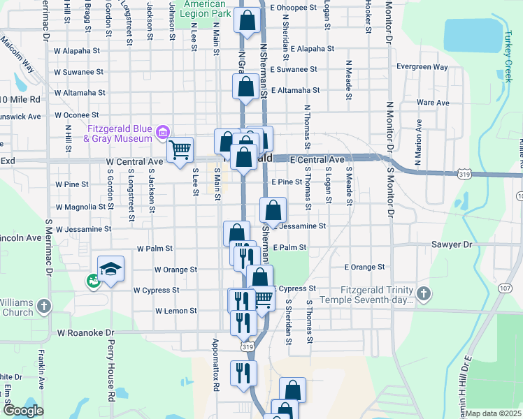 map of restaurants, bars, coffee shops, grocery stores, and more near 410 South Sherman Street in Fitzgerald