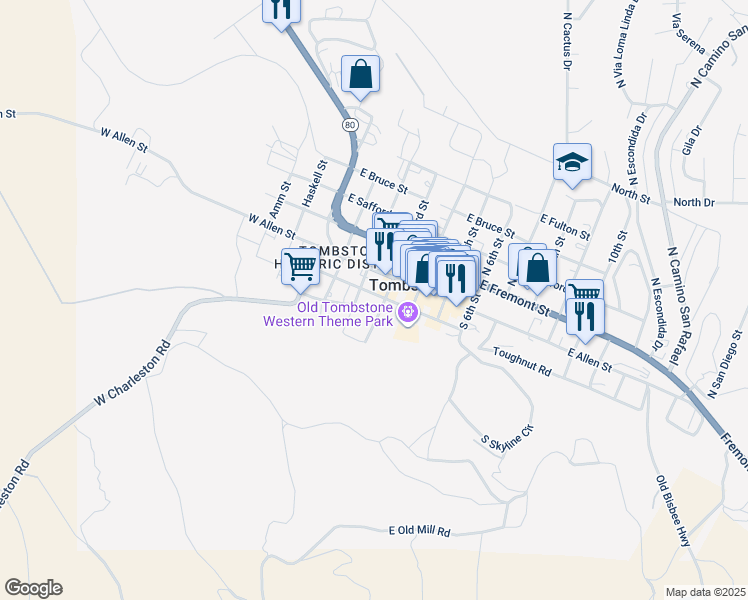 map of restaurants, bars, coffee shops, grocery stores, and more near 219 East Toughnut Street in Tombstone