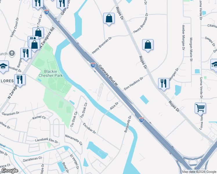 map of restaurants, bars, coffee shops, grocery stores, and more near 9500-9634 Gateway Blvd E in El Paso