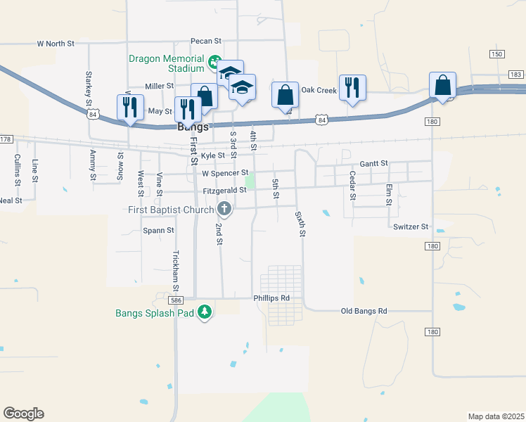 map of restaurants, bars, coffee shops, grocery stores, and more near 305 Fitzgerald Street in Bangs