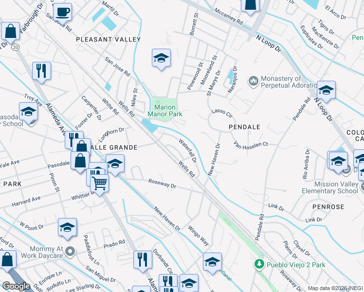 map of restaurants, bars, coffee shops, grocery stores, and more near 8421 Waterfall Drive in El Paso
