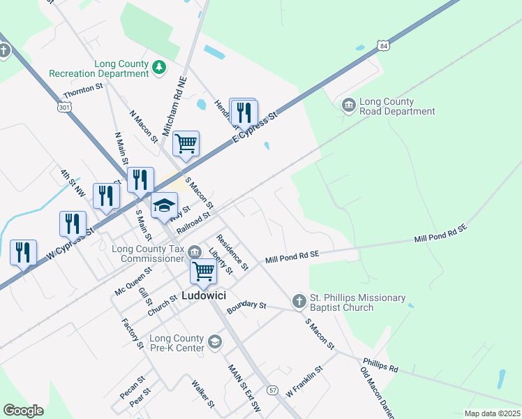 map of restaurants, bars, coffee shops, grocery stores, and more near 11 Horne Street in Ludowici