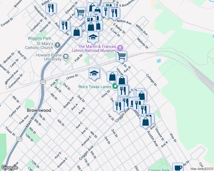map of restaurants, bars, coffee shops, grocery stores, and more near 1005 Avenue B in Brownwood