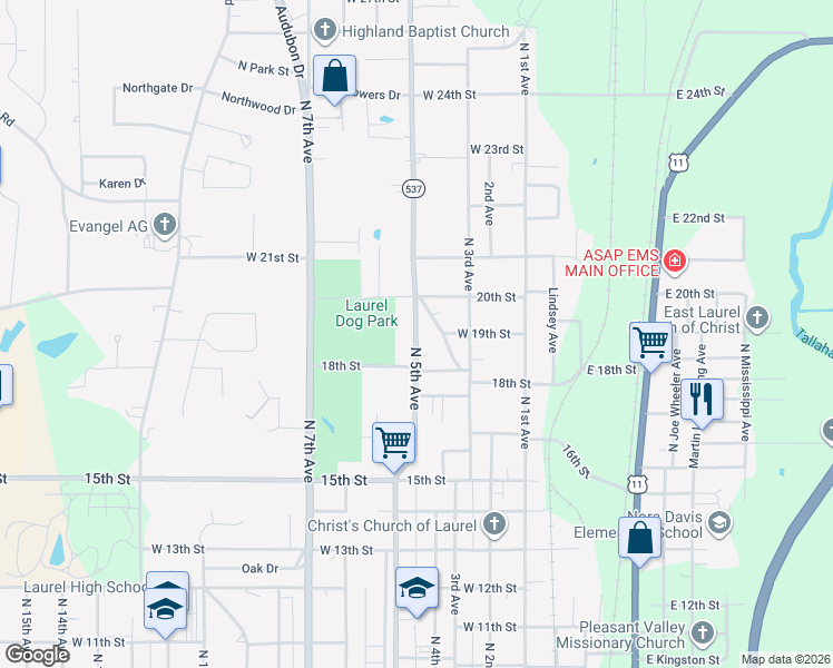 map of restaurants, bars, coffee shops, grocery stores, and more near North 5th Avenue in Laurel