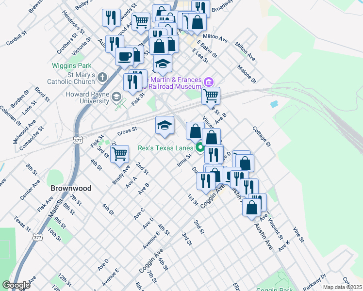 map of restaurants, bars, coffee shops, grocery stores, and more near 1005 Avenue B in Brownwood