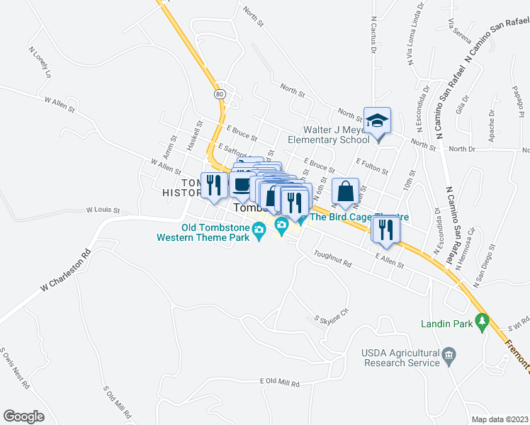 map of restaurants, bars, coffee shops, grocery stores, and more near 399 East Allen Street in Tombstone
