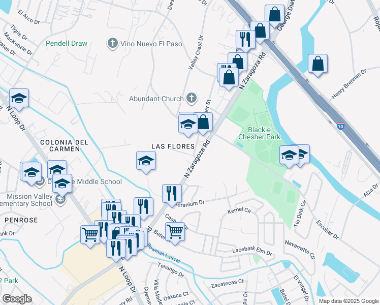 map of restaurants, bars, coffee shops, grocery stores, and more near 1029 North Zaragoza Road in El Paso