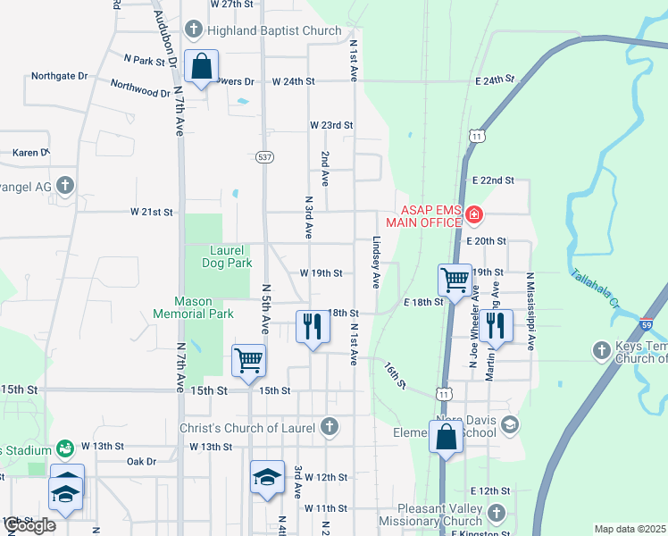 map of restaurants, bars, coffee shops, grocery stores, and more near 123 West 19th Street in Laurel