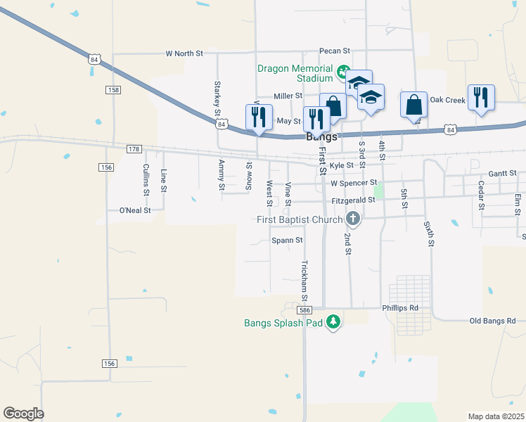 map of restaurants, bars, coffee shops, grocery stores, and more near 300 West Street in Bangs