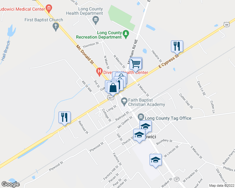 map of restaurants, bars, coffee shops, grocery stores, and more near 16 East Cypress Street in Ludowici