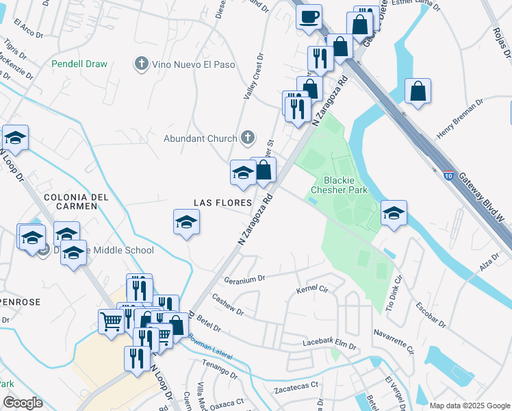 map of restaurants, bars, coffee shops, grocery stores, and more near 1029 North Zaragoza Road in El Paso