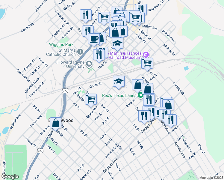 map of restaurants, bars, coffee shops, grocery stores, and more near 1200 Brady Avenue in Brownwood