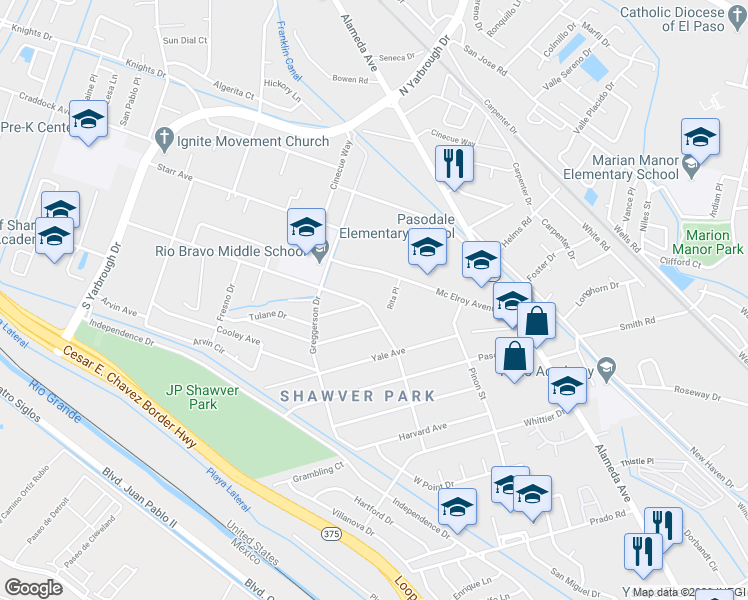 map of restaurants, bars, coffee shops, grocery stores, and more near 8301 Valley View Dr in El Paso