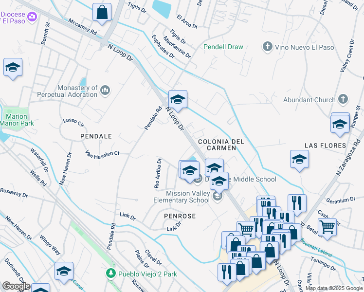 map of restaurants, bars, coffee shops, grocery stores, and more near 8628 North Loop Drive in El Paso