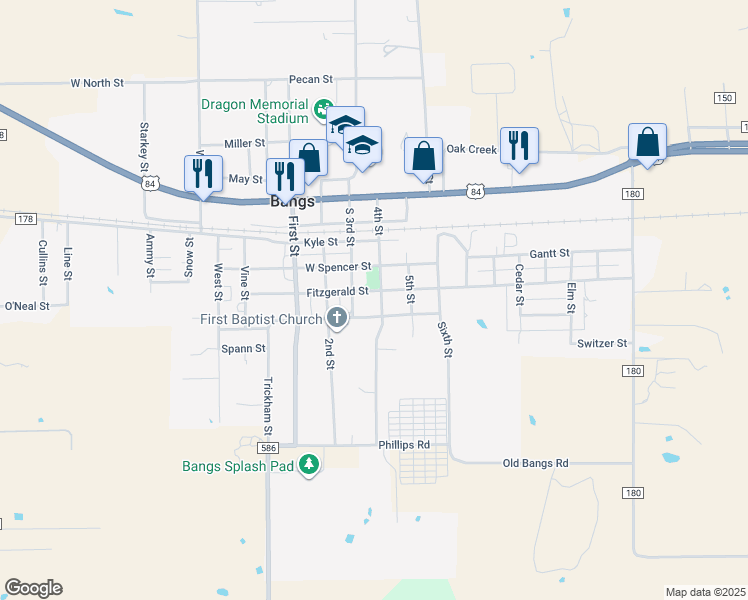 map of restaurants, bars, coffee shops, grocery stores, and more near 305 Fitzgerald Street in Bangs