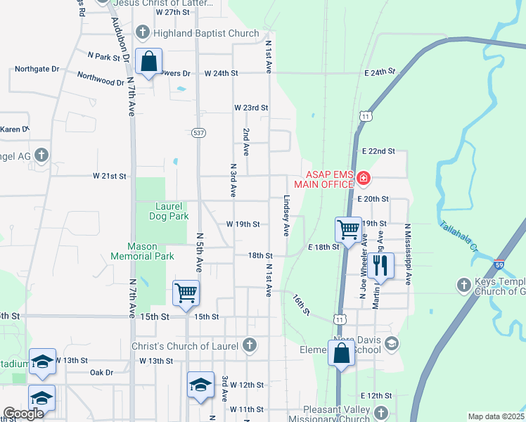 map of restaurants, bars, coffee shops, grocery stores, and more near 123 West 19th Street in Laurel