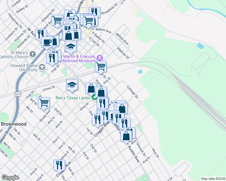 map of restaurants, bars, coffee shops, grocery stores, and more near 712 Avenue C in Brownwood