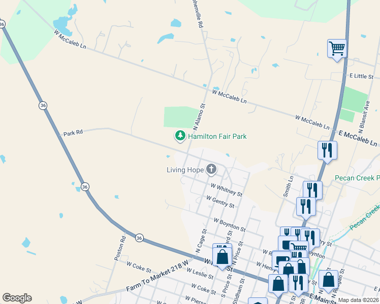 map of restaurants, bars, coffee shops, grocery stores, and more near 601 North Alamo Street in Hamilton