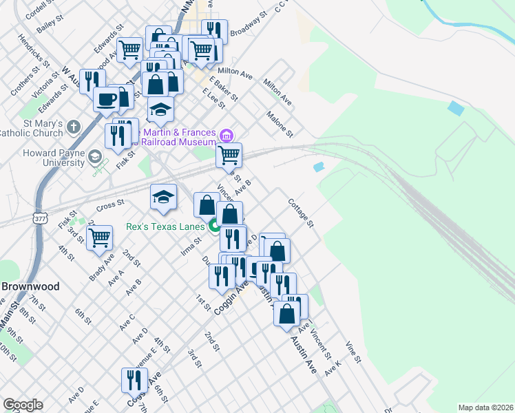 map of restaurants, bars, coffee shops, grocery stores, and more near 712 Ave C in Brownwood