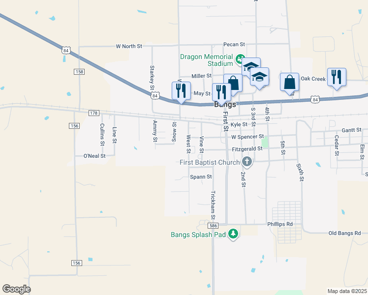 map of restaurants, bars, coffee shops, grocery stores, and more near 300 West Street in Bangs