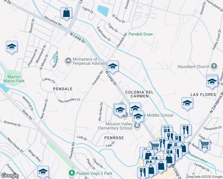 map of restaurants, bars, coffee shops, grocery stores, and more near 8622 North Loop Drive in El Paso