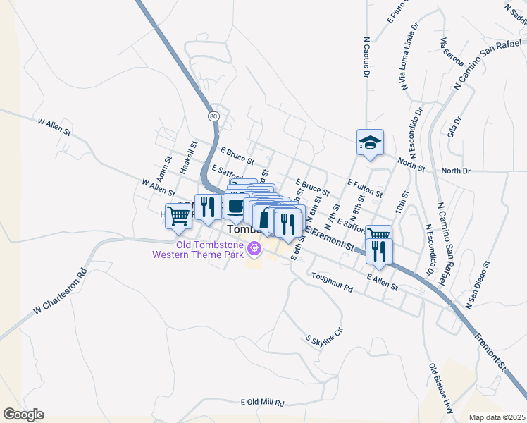 map of restaurants, bars, coffee shops, grocery stores, and more near Arizona 80 in Tombstone
