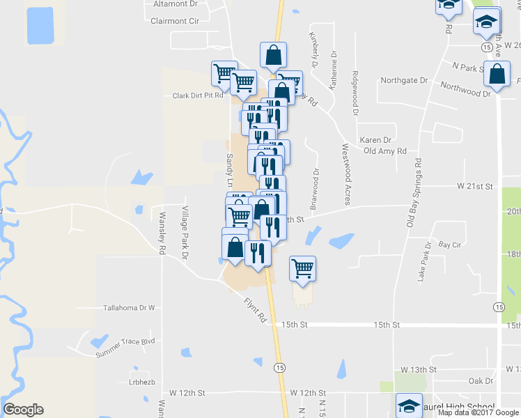 map of restaurants, bars, coffee shops, grocery stores, and more near 2138 Highway 15 in Laurel