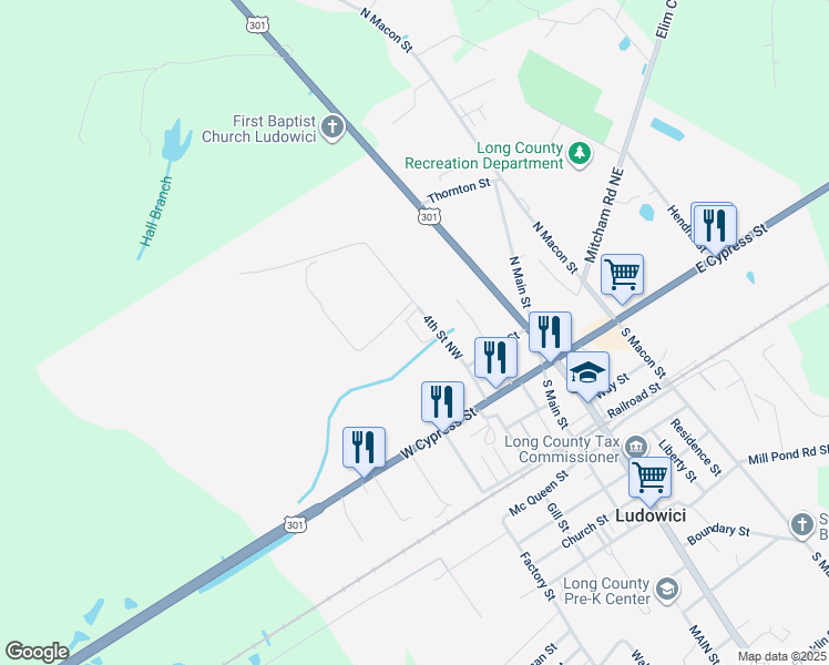 map of restaurants, bars, coffee shops, grocery stores, and more near 2-20 4th Street Northwest in Ludowici