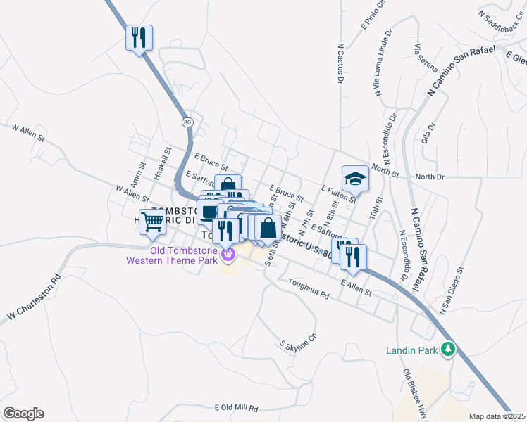 map of restaurants, bars, coffee shops, grocery stores, and more near 23 North 5th Street in Tombstone