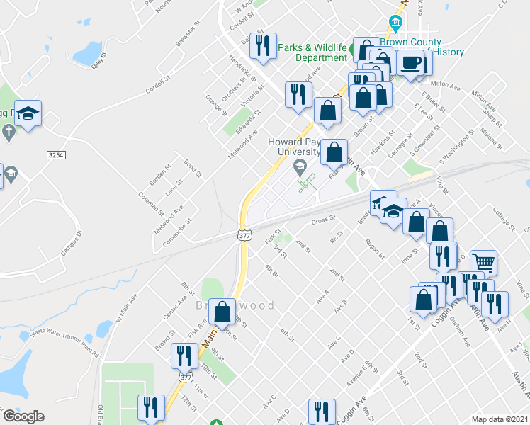 map of restaurants, bars, coffee shops, grocery stores, and more near 1348 Center Avenue in Brownwood