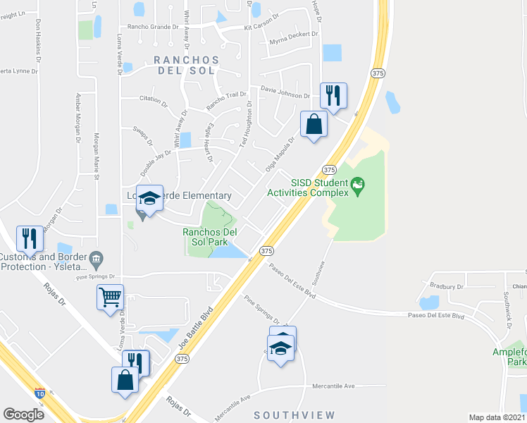 map of restaurants, bars, coffee shops, grocery stores, and more near 1277 Joe Battle Blvd in El Paso