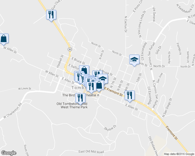 map of restaurants, bars, coffee shops, grocery stores, and more near 23 North 5th Street in Tombstone