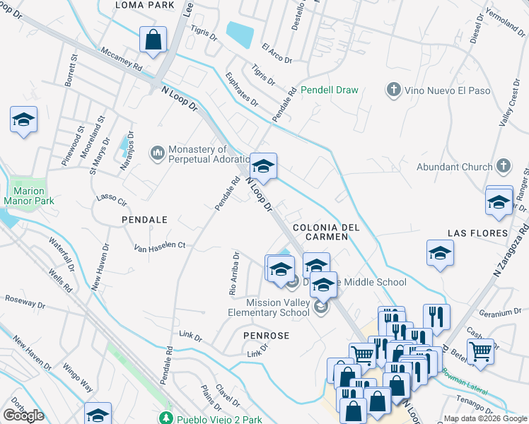map of restaurants, bars, coffee shops, grocery stores, and more near 8622 Farm to Market Road 76 in El Paso