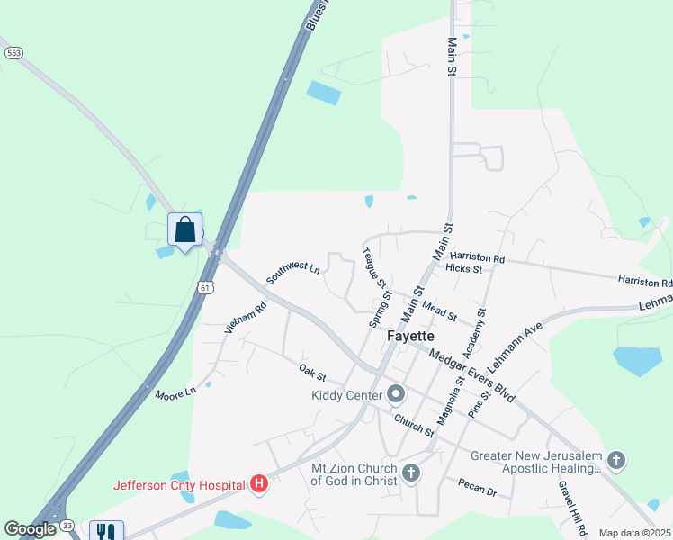 map of restaurants, bars, coffee shops, grocery stores, and more near 230 Southwest Lane in Fayette