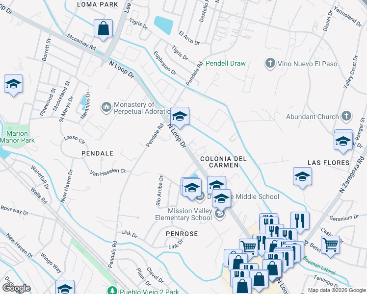 map of restaurants, bars, coffee shops, grocery stores, and more near 8622 Farm to Market Road 76 in El Paso