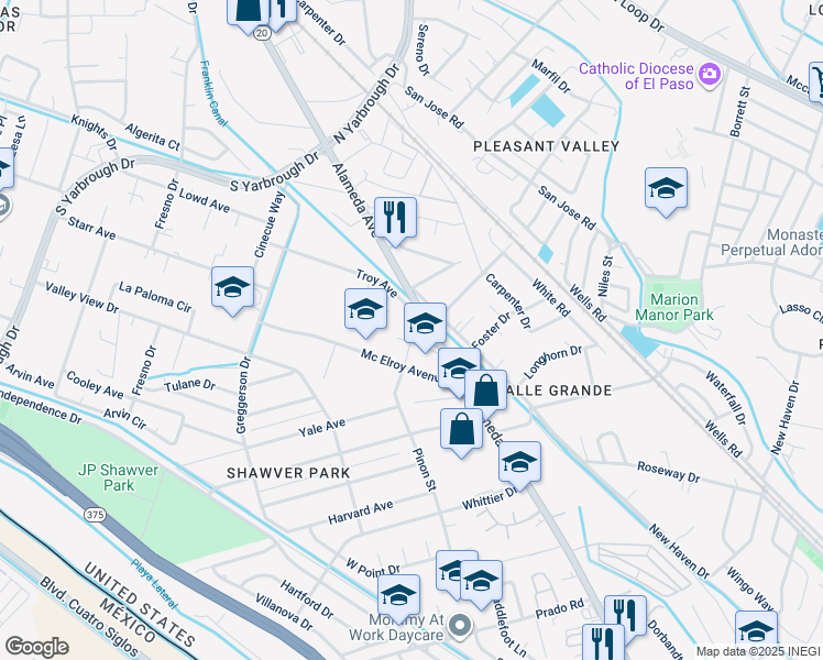 map of restaurants, bars, coffee shops, grocery stores, and more near 8322 Alameda Avenue in El Paso