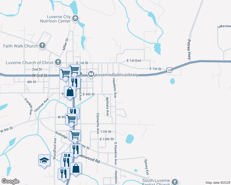 map of restaurants, bars, coffee shops, grocery stores, and more near 1 Mitchell Drive in Luverne