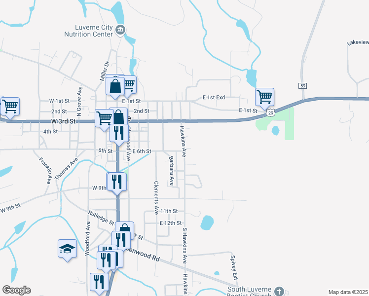 map of restaurants, bars, coffee shops, grocery stores, and more near 1 Mitchell Drive in Luverne
