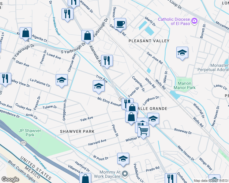 map of restaurants, bars, coffee shops, grocery stores, and more near 8322 Alameda Avenue in El Paso