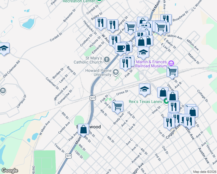 map of restaurants, bars, coffee shops, grocery stores, and more near 101 Lipscomb Street in Brownwood