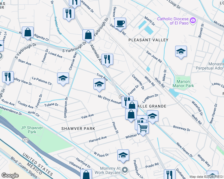 map of restaurants, bars, coffee shops, grocery stores, and more near 8322 Alameda Avenue in El Paso
