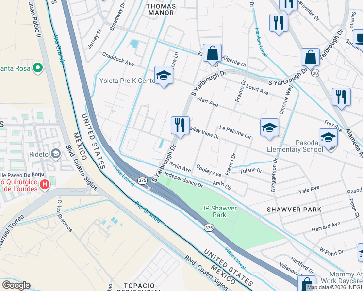 map of restaurants, bars, coffee shops, grocery stores, and more near 600 South Yarbrough Drive in El Paso