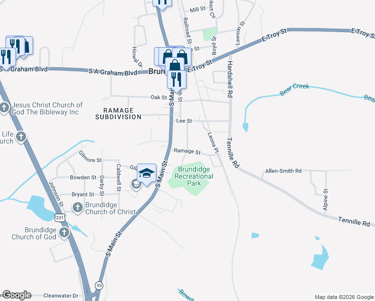 map of restaurants, bars, coffee shops, grocery stores, and more near 201 Ramage Street in Brundidge