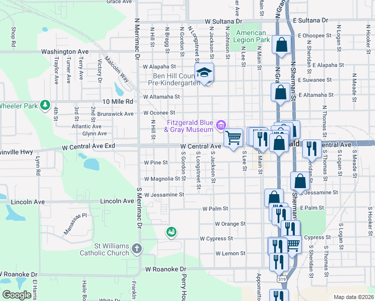 map of restaurants, bars, coffee shops, grocery stores, and more near 516 West Central Avenue in Fitzgerald