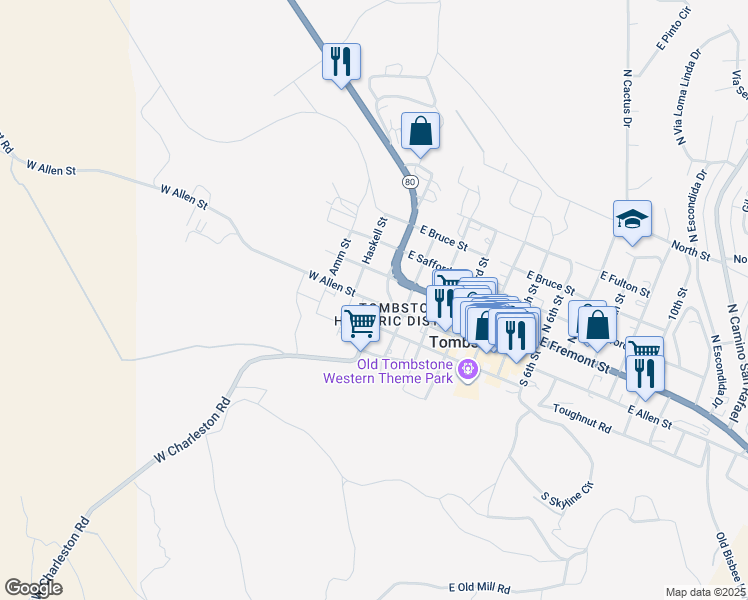 map of restaurants, bars, coffee shops, grocery stores, and more near 16 West Allen Street in Tombstone