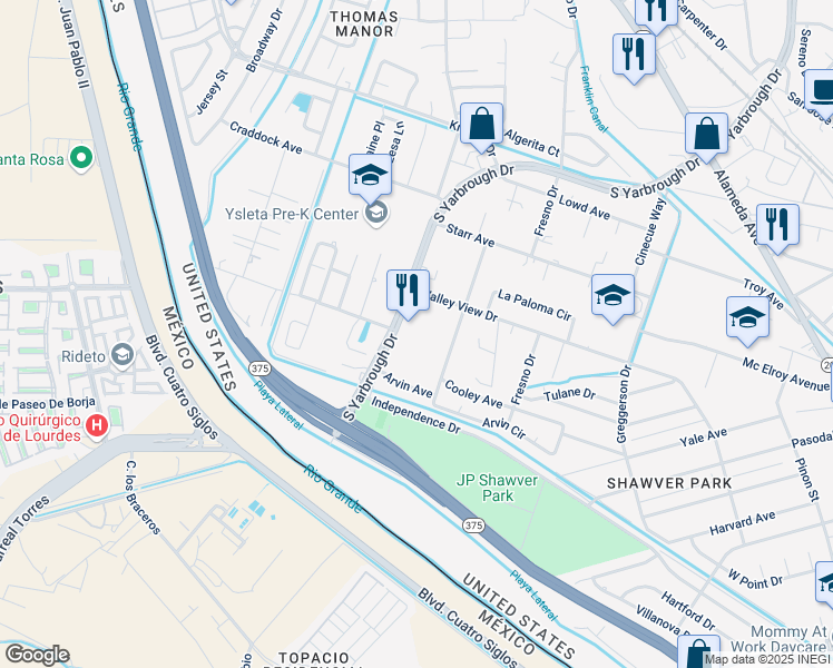map of restaurants, bars, coffee shops, grocery stores, and more near 600 South Yarbrough Drive in El Paso