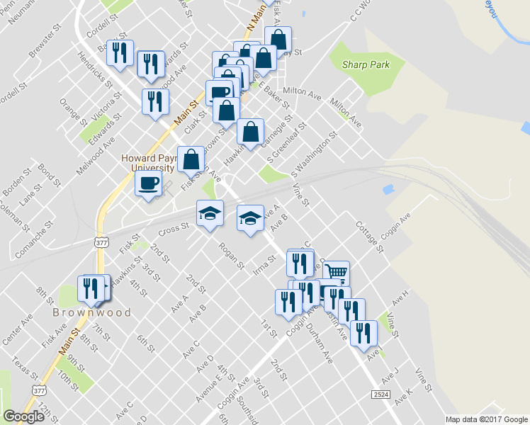 map of restaurants, bars, coffee shops, grocery stores, and more near 811 Avenue A in Brownwood