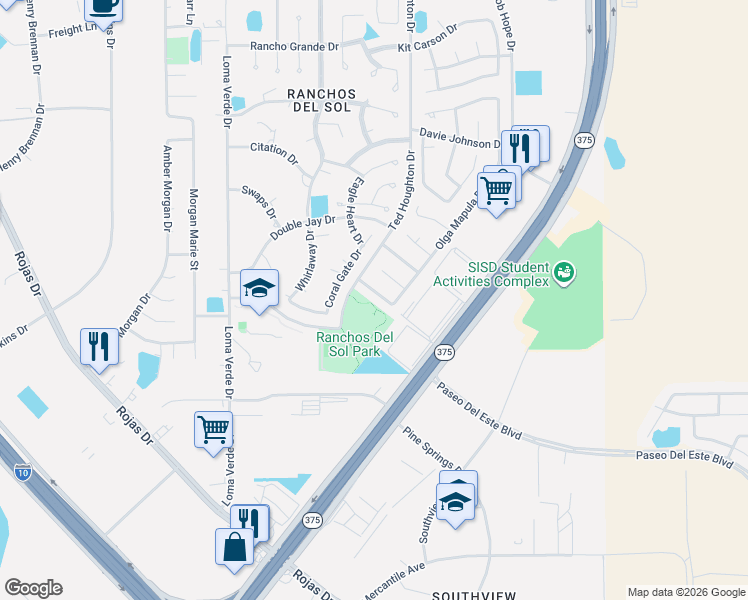map of restaurants, bars, coffee shops, grocery stores, and more near 12337 Olga Mapula Drive in El Paso
